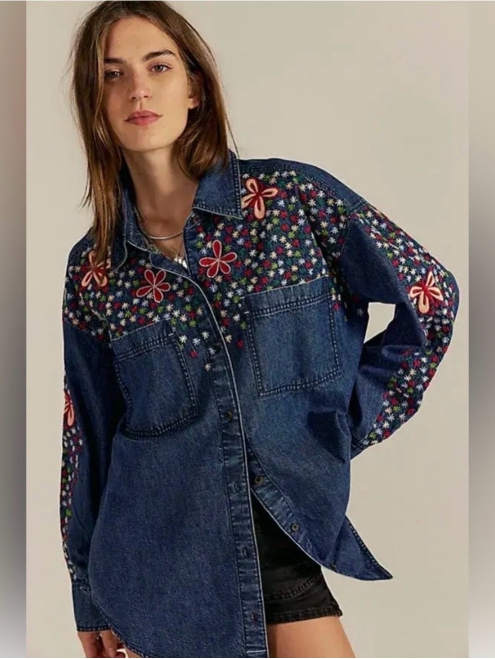 NWT S OVERSIZED We The Free Navy Denim Button-Down Multicolor Floral Embroidery